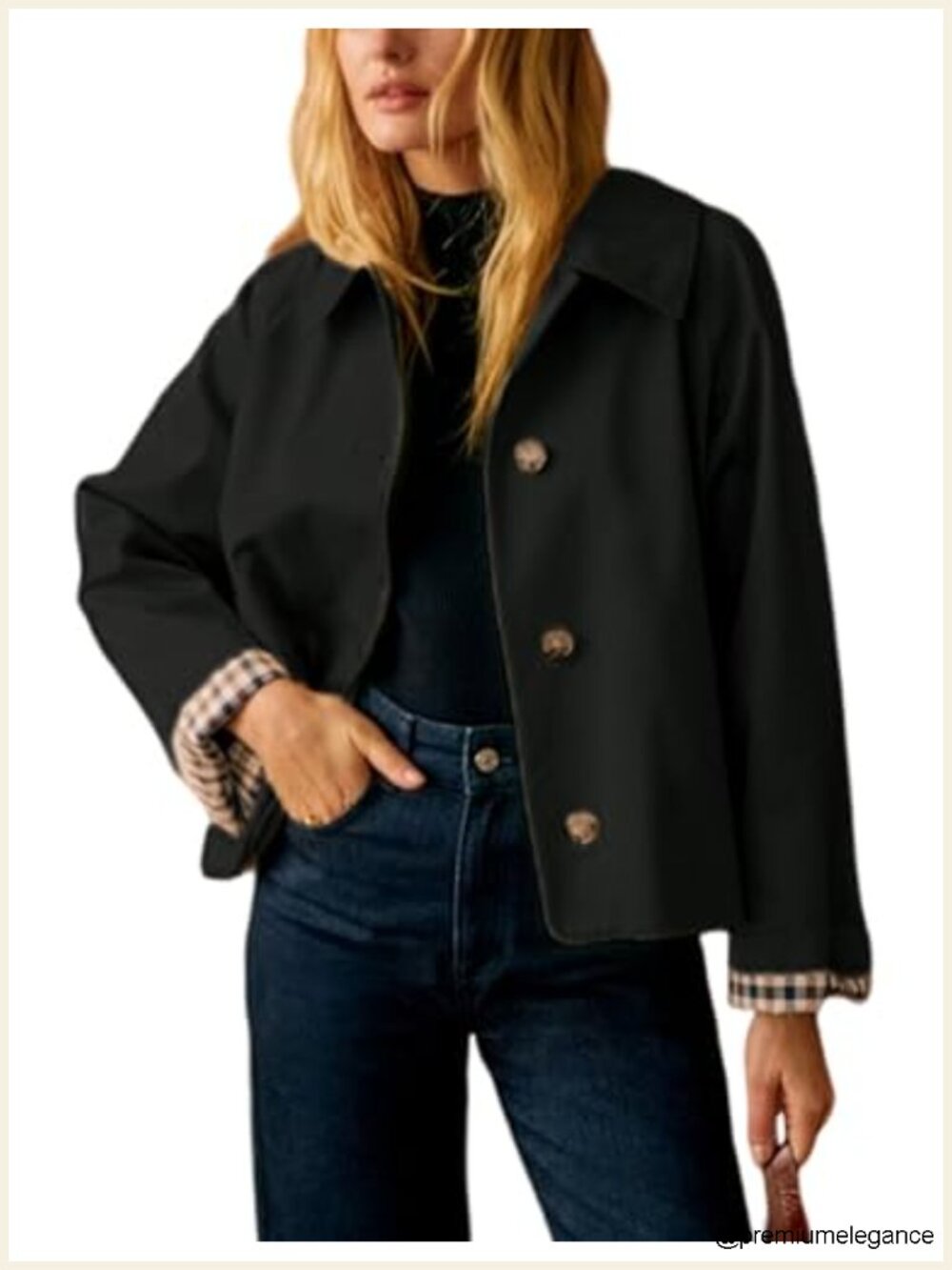 Women's Oversized Trench Coat with Plaid Lining, Lapel Collar & Pockets